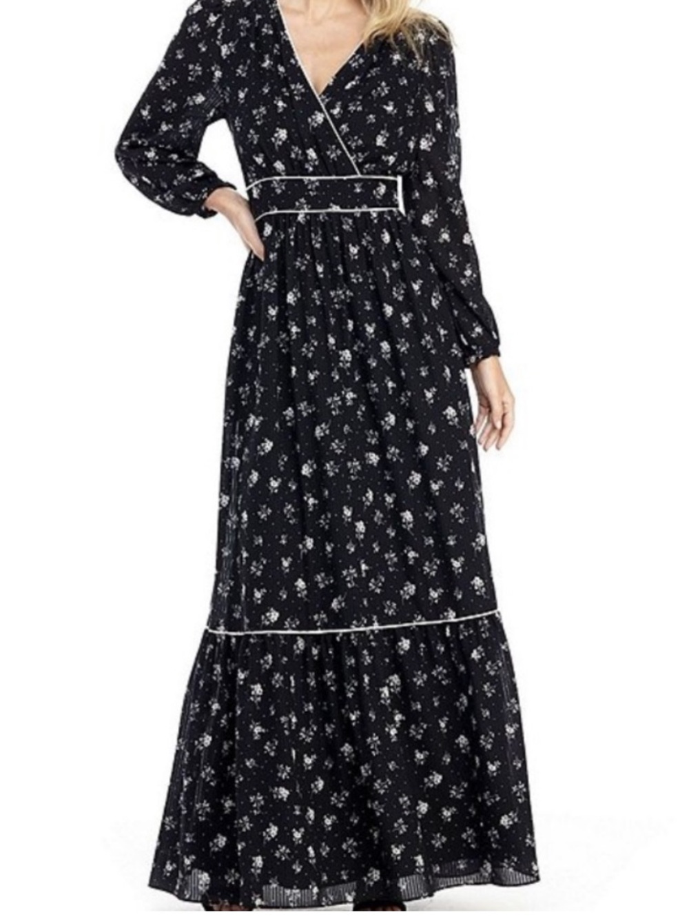 Anthro Gal Meets Glam Maxi Dress Sz 2 w MEASUREMENTS Floral Print V-Neck Black - Picture 13 of 13